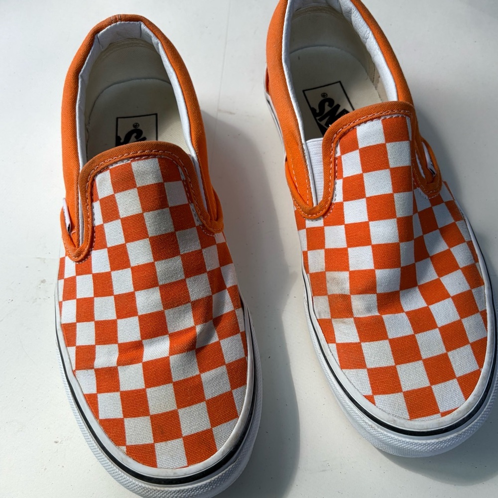 Adult Vans Slip-On Checkerboard Shoes - Orange and White size 6.5M/8W
